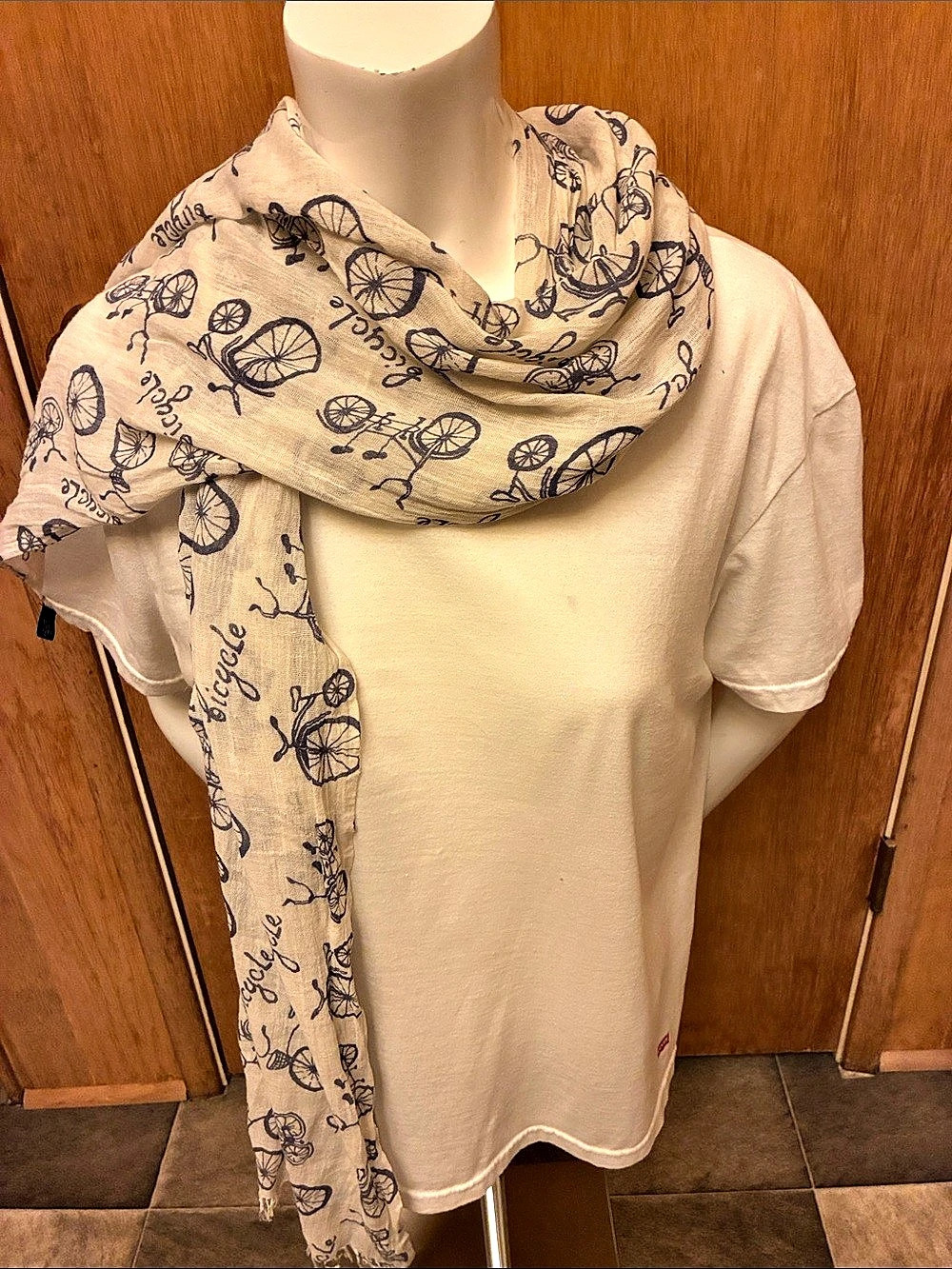 Vintage Bicycle Graphic Print Lightweight Textured Scarf Cream Blue Grey